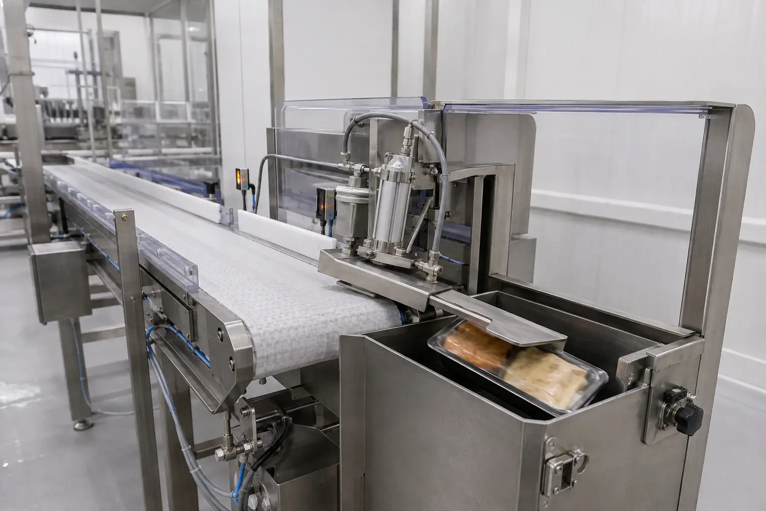 Food-grade metal detector conveyor with automatic reject station